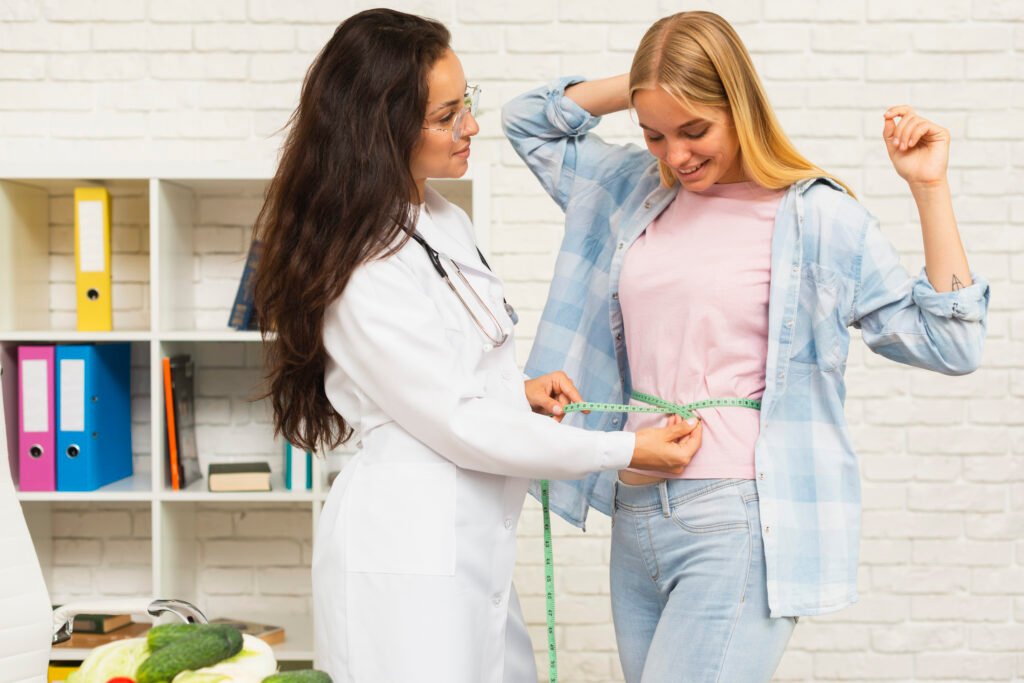 medium shot nutritionist measuring her patient