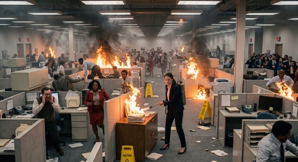 Angry woman flame throwing her office