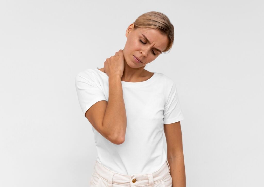front view woman having neck pain